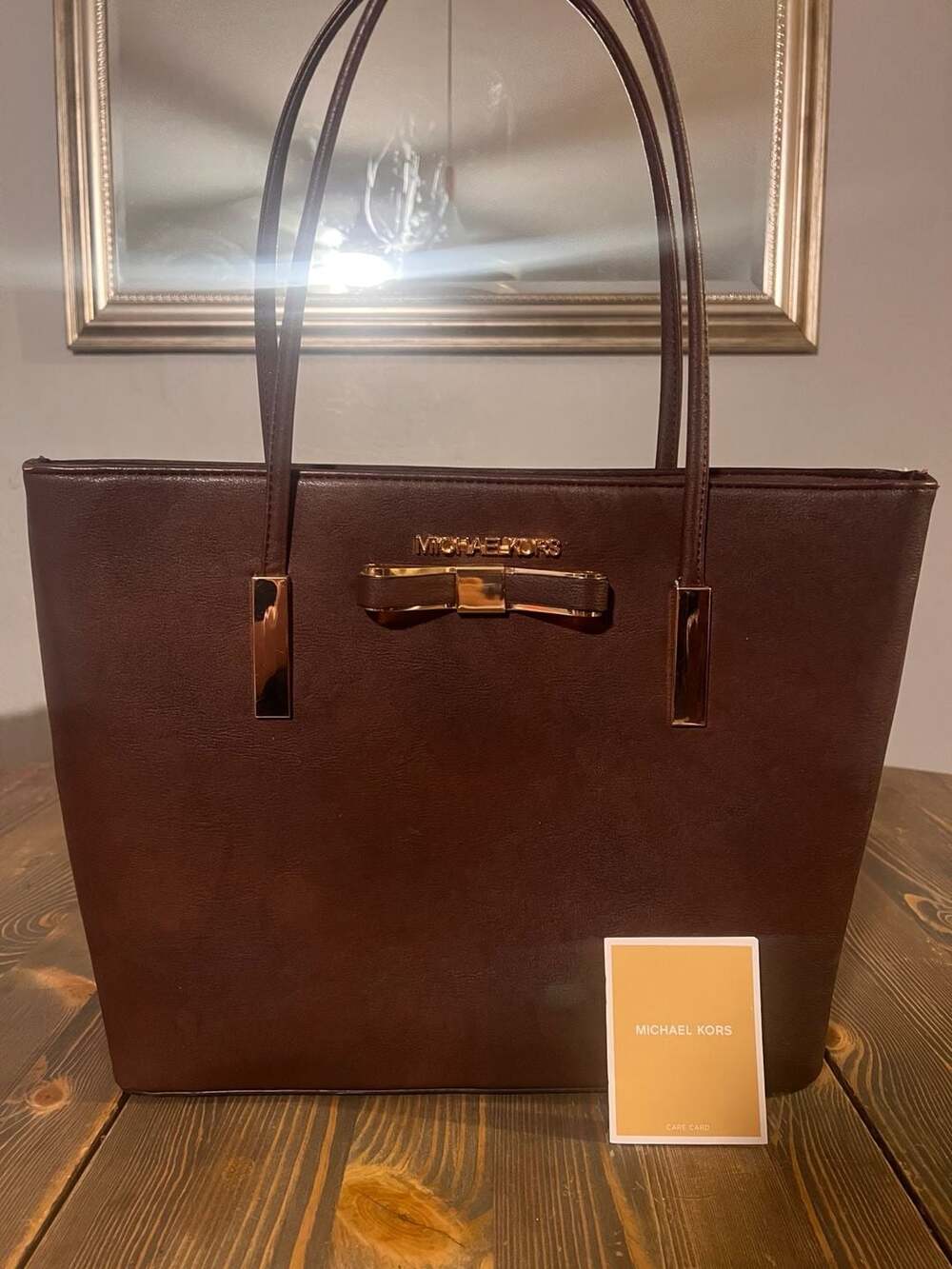 Michael Kors Bow Tote Bag Brown Faux Leather Shoulder Handbag